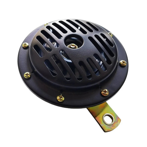 Heavy Duty 24 Volt Horn Replacement 121058 Plug And Play Upgrade For Skyjack Electric Scissor Lifts top view of durable alarm horn with gold screws.