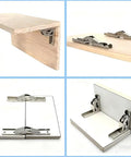 Beefy 90 Degree Folding Hinge 4 Pack Solid Drop Down Flap Door Hinges For Tables Shelves Bar Counters And Loft Hatches displayed on wooden and metal surfaces.