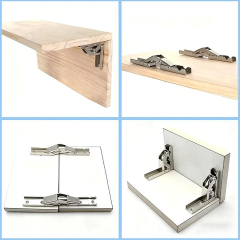 Beefy 90 Degree Folding Hinge 4 Pack Solid Drop Down Flap Door Hinges For Tables Shelves Bar Counters And Loft Hatches displayed on wooden and metal surfaces.