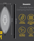 Diagram showing dimensions and features of a Durable Nylon Camping Hammock Chair with 54" width and 108" length. Size M, soft and rip-resistant.