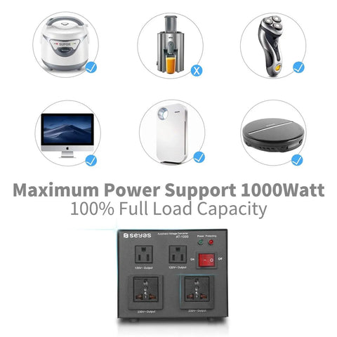 Image of 1000W Auto Voltage Converter Transformer 110-120V To 220-240V With Soft Start, four outlets, and full load capacity