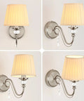 1-Light Brushed Nickel Vanity Light with Beige Fabric, Modern Wall Sconce showcasing the fabric lampshade and chrome details from multiple angles.