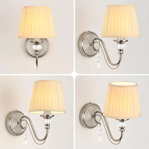 1-Light Brushed Nickel Vanity Light with Beige Fabric, Modern Wall Sconce showcasing the fabric lampshade and chrome details from multiple angles.