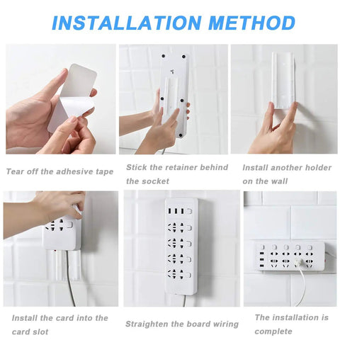 Installation steps for Four Pack Self Adhesive Power Strip Holders Wall Mount Brackets with Sixteen Cable Organizer Clips Clear Finish