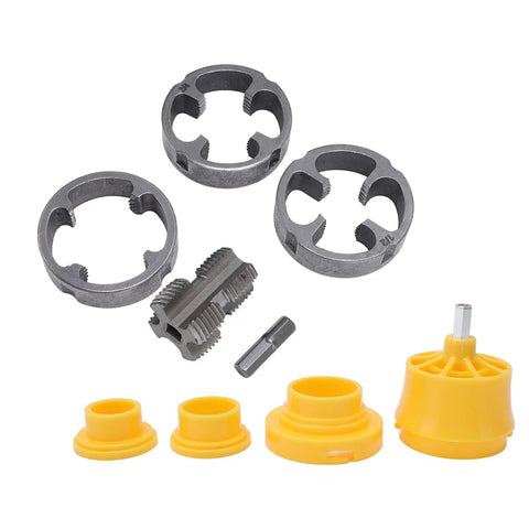 Powerful Electric Drill Compatible PVC Pipe Threader Kit With Three Die Sizes and Nine Piece Reusable Thread Maker Set For Plumbing Projects Home Improvement Tasks And Steel Pipe Threading Work Made Easy, featuring three metal cutters and various attachments.