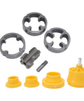 A Total Knockout PVC Pipe Threader Kit 6 Piece Plastic Pipe Threading Tool shows four metal guide sleeves and yellow components.