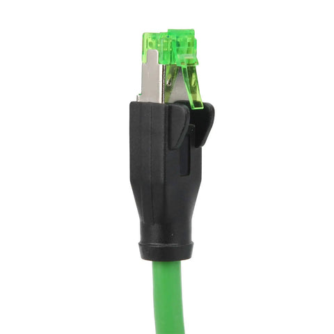 Industrial Cat6 RJ45 Ethernet Patch Cord 5m IP67 Tough 24 AWG Cable for Factory Automation and Control Cabinets High Speed Data Link for Machinery and Industrial Equipment Rugged Built For The Shop Floor Industrial Grade Performance, close-up connector