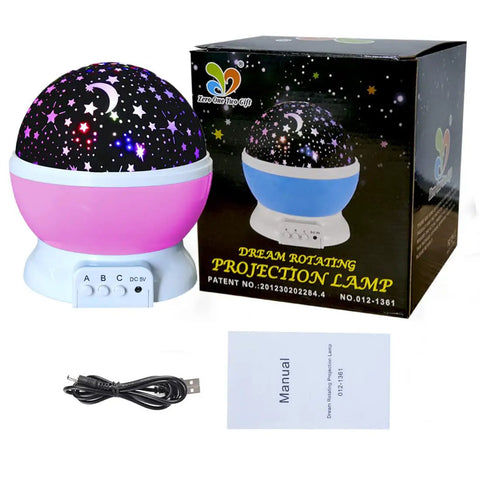 Pink Star Projector Night Light for Kids Room Decor with box, USB cable, and manual, creating a starry sky for girls ages 3-10