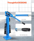 VEVOR Manual Pipe Bender With 14 Dies showing a blue heavy-duty tube bending tool with long handle and non-slip rubber grip.