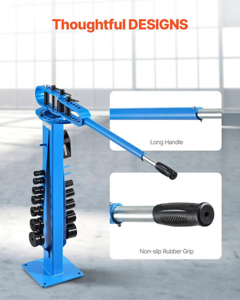 VEVOR Manual Pipe Bender With 14 Dies showing a blue heavy-duty tube bending tool with long handle and non-slip rubber grip.