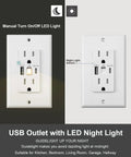 Heavy Duty 15 Amp Wall Outlet With Built In Night Light And Dual Usb Charging Slick White Finish Plug And Play Setup showing USB ports.