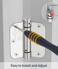 Self Closing Door Hinges 3.5 Inch Brushed Nickel Beefy Spring Loaded Hinges Heavy Duty Adjustable Tension For Interior Doors UL Listed Five Eighths Inch Radius Corners 2 Pack being adjusted with screwdriver