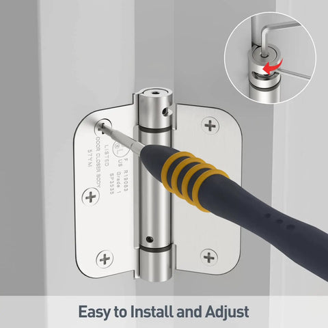 Self Closing Door Hinges 3.5 Inch Brushed Nickel Beefy Spring Loaded Hinges Heavy Duty Adjustable Tension For Interior Doors UL Listed Five Eighths Inch Radius Corners 2 Pack being adjusted with screwdriver