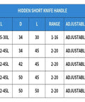 Hidden Short Knife Handle specifications chart including model, dimensions, range, and adjustable wrench details.