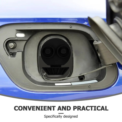 Universal Silicone EV Charging Port Covers installed in a blue electric vehicle, showcasing a snug fit against dust and moisture.