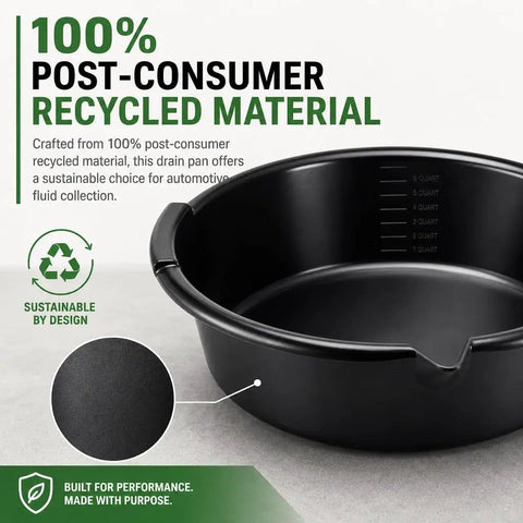 Huge 7 Qt Oil Drain Pan With Built Scale, Leak Proof Spout And Splash Guard designed from 100% recycled material.