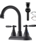 Matte Black 4 Inch Center Set Bathroom Faucet With 2 Handles, 360 Degree Swivel Spout, Vintage Vanity Style, Includes Pop Up Drain Assembly And Water Supply Hoses, Durable Finish Resists Fingerprints, Scratches, Corrosion