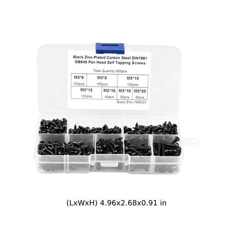 500 Piece M3 Self Tapping Screw Set With Phillips Drive Black Carbon Steel Sheet Metal Screws For Computer Repair Automotive And Home Appliances Seven Sizes From 0.24 To 0.79 In Must Have Kit in storage box