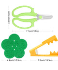 Rose Thorn Tools Set With Rose Leaf Thorn Strippers Pruning Shears Pink Garden Gloves And Florist Scissors For Easy Thorn Removal And Pruning In The Garden Kit For Easy Rose Care At Home showing green scissors, green flower-shaped tool, and yellow stripper with dimensions