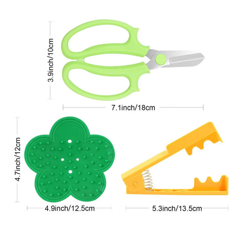 Rose Thorn Tools Set With Rose Leaf Thorn Strippers Pruning Shears Pink Garden Gloves And Florist Scissors For Easy Thorn Removal And Pruning In The Garden Kit For Easy Rose Care At Home showing green scissors, green flower-shaped tool, and yellow stripper with dimensions