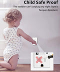 Child-safe proof wall outlet with tamper-resistant features, showing toddler and demonstration of outlet cover in use.