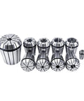 Variety of ER16 spring collet chucks in polished steel, showing sizes labeled for precise CNC machining and milling tasks.