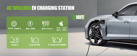 Level Two Ev Charger With 32 Amp 240 Volt Wallbox And 18 Foot Cord Sae J1772 Plug connected to an electric vehicle with detailed specs.