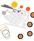 Top view of 78 Piece Plastic Gears Kit With Pulleys Belts Racks And Axles For DIY Projects including gears and wheels