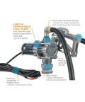 Heavy Duty 8 GPM Electric Fuel Transfer Pump With Spin Collar And Manual Shut Off Nozzle For Gasoline And Diesel, showing compact design and hose connection.