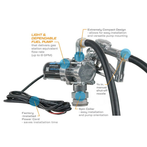 Heavy Duty 8 GPM Electric Fuel Transfer Pump With Spin Collar And Manual Shut Off Nozzle For Gasoline And Diesel, showing compact design and hose connection.