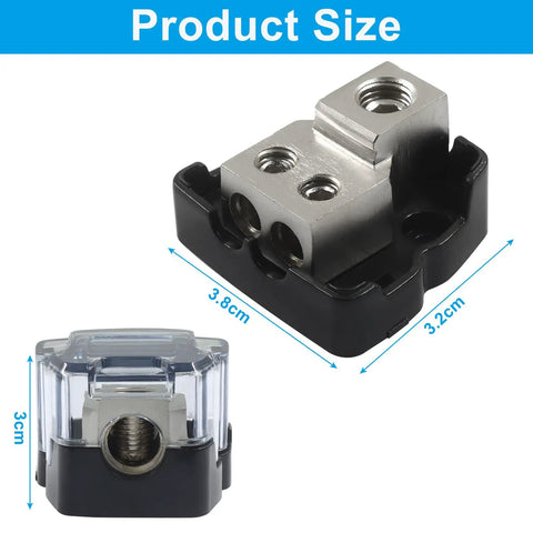 2 Way Car Audio Power Distribution Block With Dual Outputs From 0 2 4 Gauge In To 4 6 10 Gauge Out, 3.8x3.2 cm, black alloy with clear dust cover