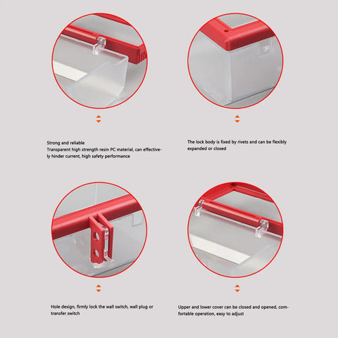 Diagram of Two Pack Emergency Stop Button Cover Kit detailing ultra tough resin construction and impact resistant lockout cover features.