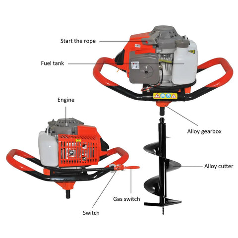 Gas Powered 72cc Post Hole Digger Earth Auger With 4 Inch 8 Inch 12 Inch Drill Bits Plus Two Extension Bars One Man Fence Planting Auger EPA Compliant Workhorse, showing engine and components