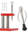 Stainless steel hand press and puller set with red adjustable base, showing components for watch repair.