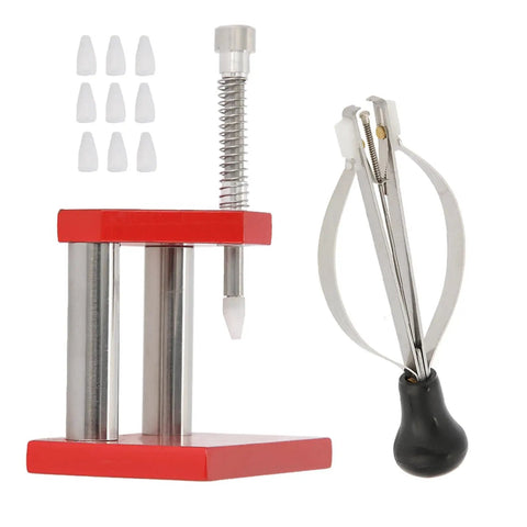 Stainless steel hand press and puller set with red adjustable base, showing components for watch repair.