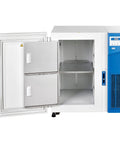 Rock Solid Premium Ultra Low Temperature Undercounter Lab Freezer With Digital Thermostat And Secure Keyed Lock For Heavy Duty Research Setup, open door view.
