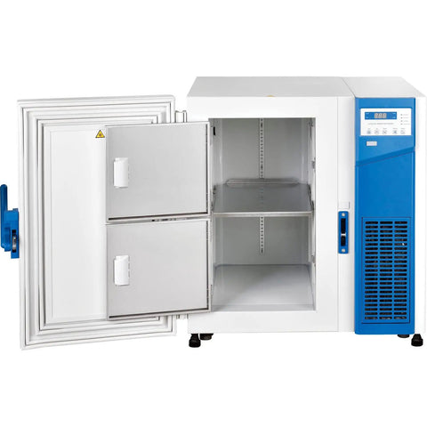 Rock Solid Premium Ultra Low Temperature Undercounter Lab Freezer With Digital Thermostat And Secure Keyed Lock For Heavy Duty Research Setup, open door view.