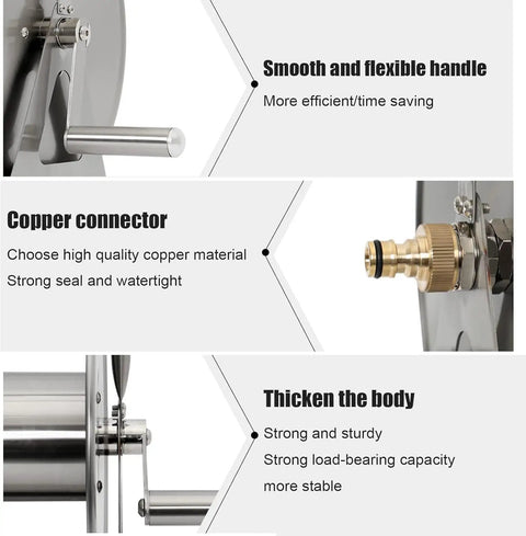 Heavy Duty Retractable Garden Hose Reel Stainless Steel Water Hose Cart showing copper connector and sturdy handle details.
