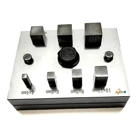 Front view of Square Shape Disc Cutter Set 7 Piece Punch Tool Kit For Jewelry Making, showing 4x4 to 16x16 mm metal punch sizes.