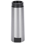 Front view of a silver MT4–MT3 taper drill sleeve reducing adapter in high-speed steel with black end caps