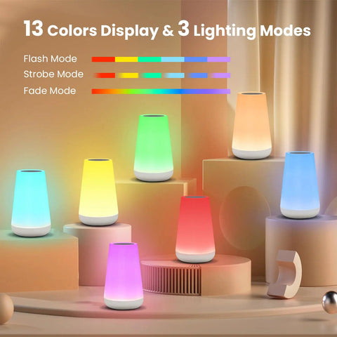 Dimmable Touch Night Light With 360 Degree Control, Portable Bedside Lamp in various RGB colors displayed on steps.