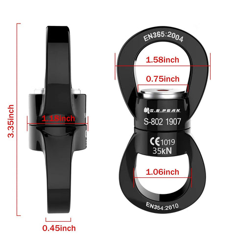 Heavy Duty 35kN Swing Swivel Rotational Device For Tree Swings And Aerial Gear, 7075 aluminum, dimensions displayed.