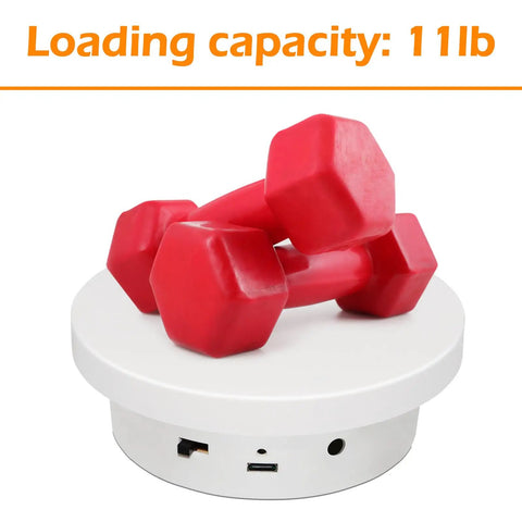 Motorized Rotating Display Stand 5.1 Inch 360 Photography Turntable For Tumbler Jewelry Epoxy Glitter Cup Electric Spinning Platform White Showpiece with red dumbbells on top.