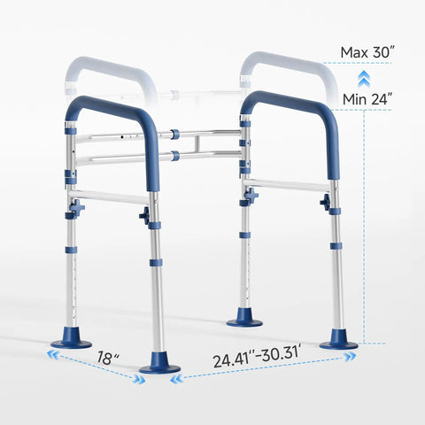 Rock-solid Aluminum Toilet Safety Frame And Adjustable Rail For Seniors Extends From 24 To 30 Inches adjustable height with sturdy support.