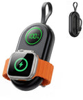 Ultra Compact 2500mAh Magnetic Wireless Charger For Smart Watch, showing watch charging and digital display in black