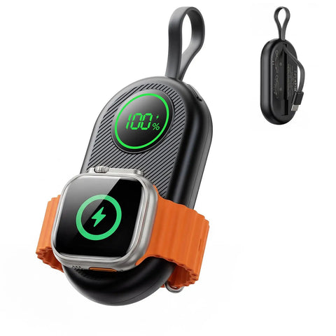 Ultra Compact 2500mAh Magnetic Wireless Charger For Smart Watch, showing watch charging and digital display in black