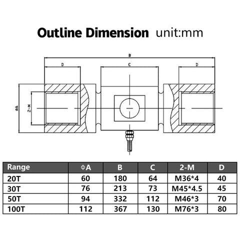 Technical diagram showing dimensions of a Beefy 6-Axis Truck Scale Load Cell 1000kg Stainless Steel Force Sensor.