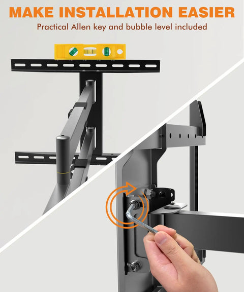 TV Mount Lag Bolt Kit With M8x70mm Lag Bolts, Washers, Heavy Duty Anchors, Allen Key and Bubble Level being used for installation