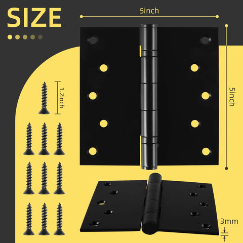 Beefy 5 Inch Stainless Steel Door Hinges With Ball Bearing For Exterior And Interior Doors Square Corner Five By Five Inch Black Finish Heavy Duty Commercial Grade Hinges Built To Last 4 Pack, 5-inch black hinge with screws