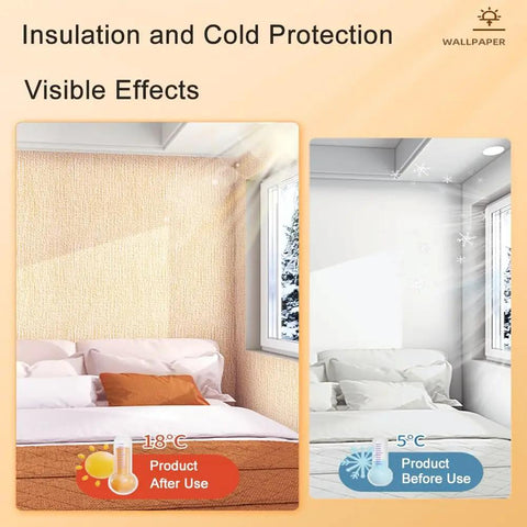 Kick Back The Chill With Prime Thermal Wallpaper For Cold Walls Peel And Stick Heat Blocking Wall Covering showing before and after use insulation effects.